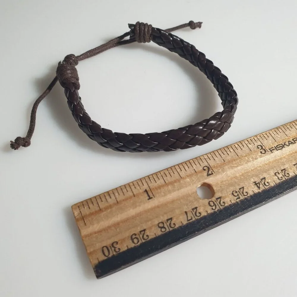 Braided Brown Adjustable Leather Bracelet Handmade Knot Closure Boho Western